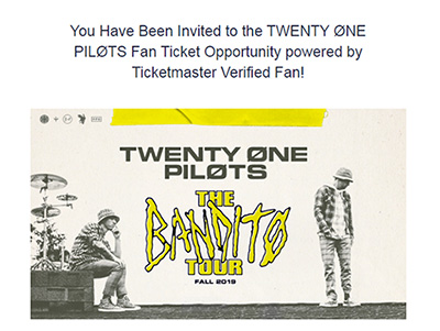 Twenty One Pilots presale verification email.