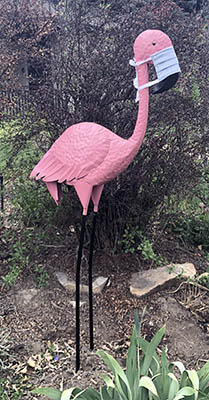 Yard flamingo with a quarantine mask.