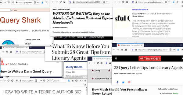Many browser windows filled with research on writing a query.